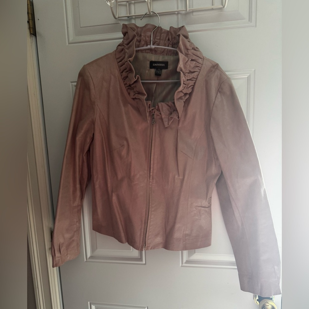 Danier Pink Leather Jacket with Ruffled Collar